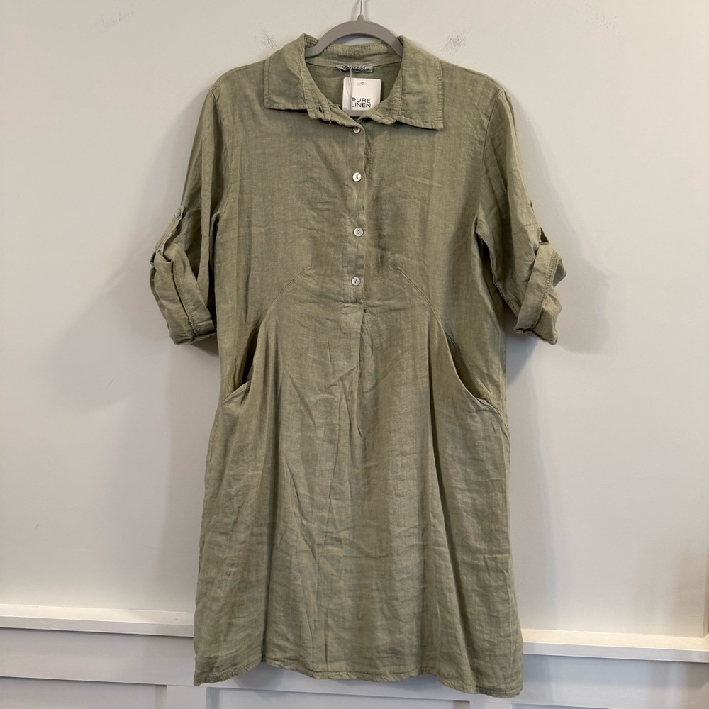 Women’s new Elena Baldi linen Olive Green Button-Up Dress size medium